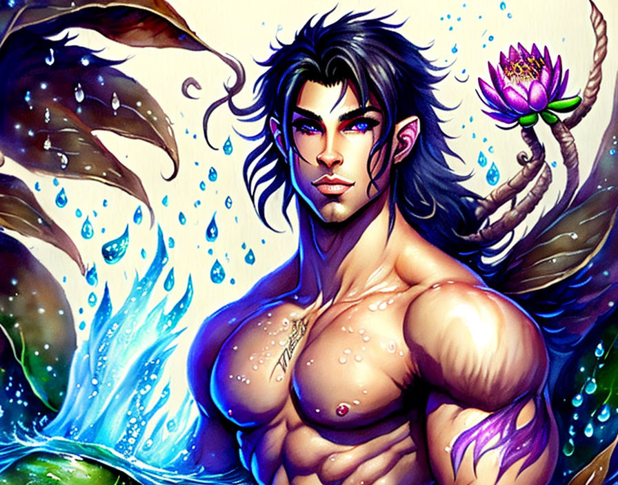 Muscular male character with flowing hair and glowing eyes in dynamic water scene with blooming lotus