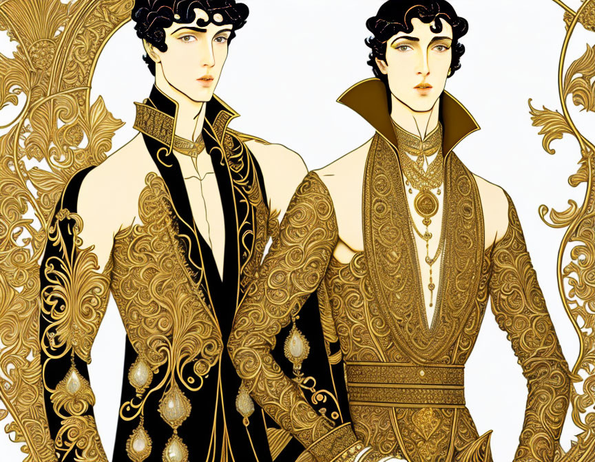 Ornate gold-accented figures in intricate attire on white background