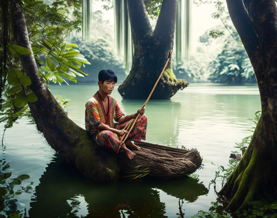 Boy in traditional clothing fishing by serene water and lush forest