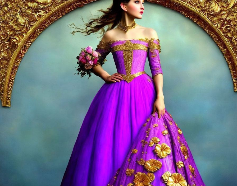 Elegant woman in purple ball gown with floral design and bouquet on blue background.