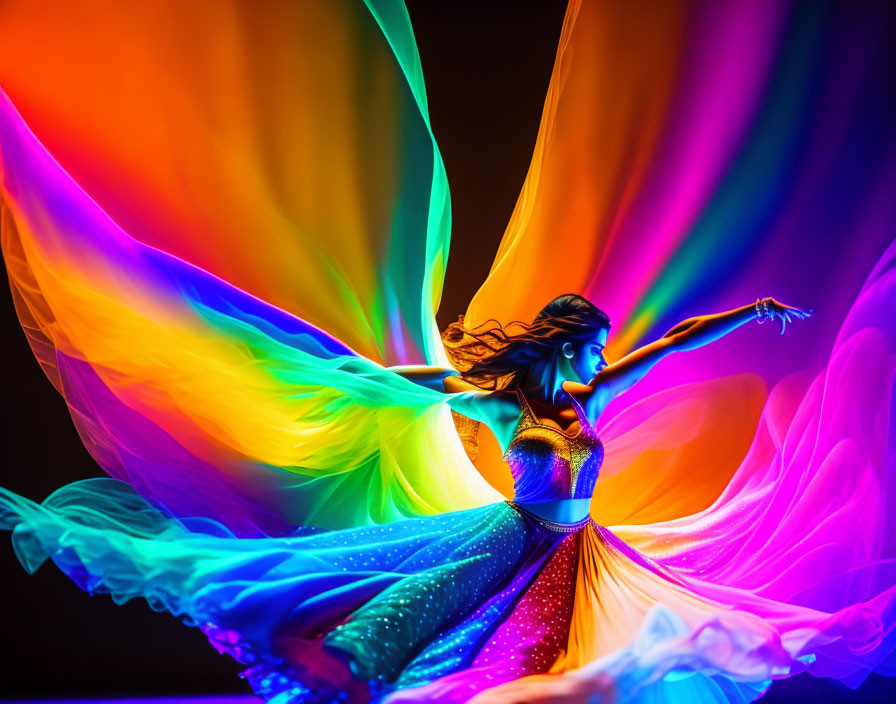 Vibrant dancer in flowing rainbow fabric on dark background