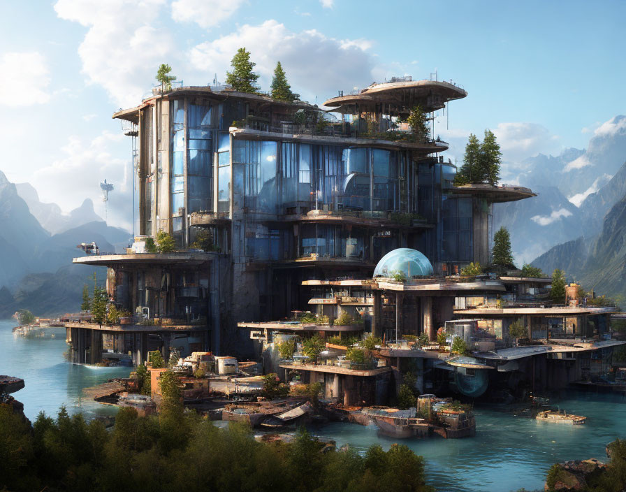 Futuristic multi-level building with glass structures and greenery, nestled by a mountainous lake