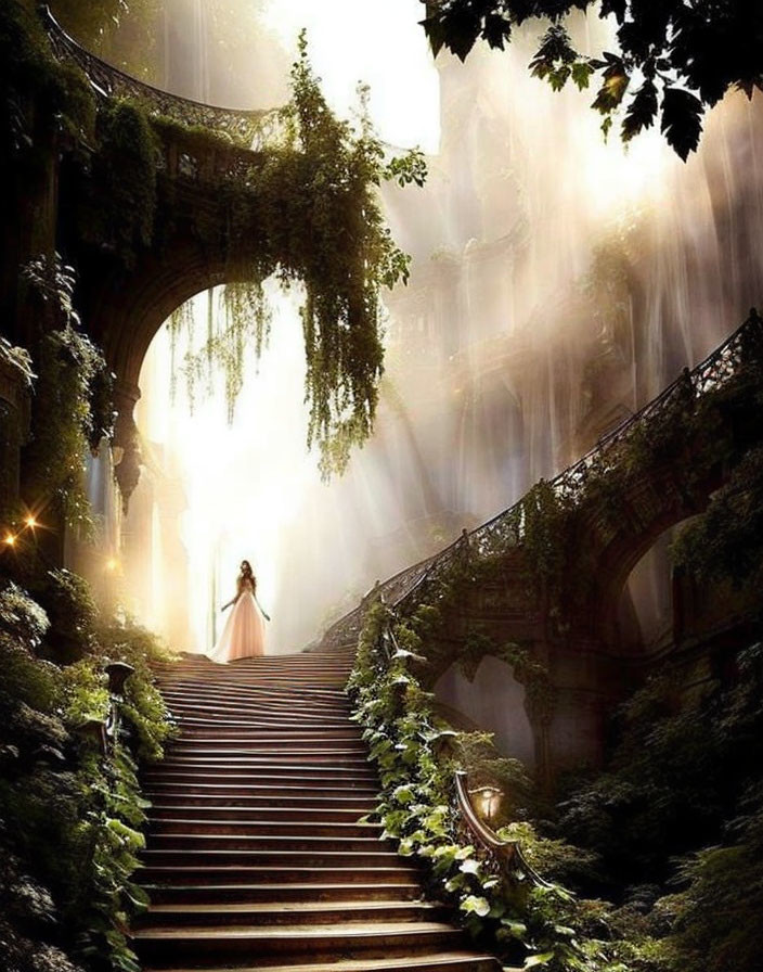 Person standing on mystical stairs in fairytale forest with waterfalls