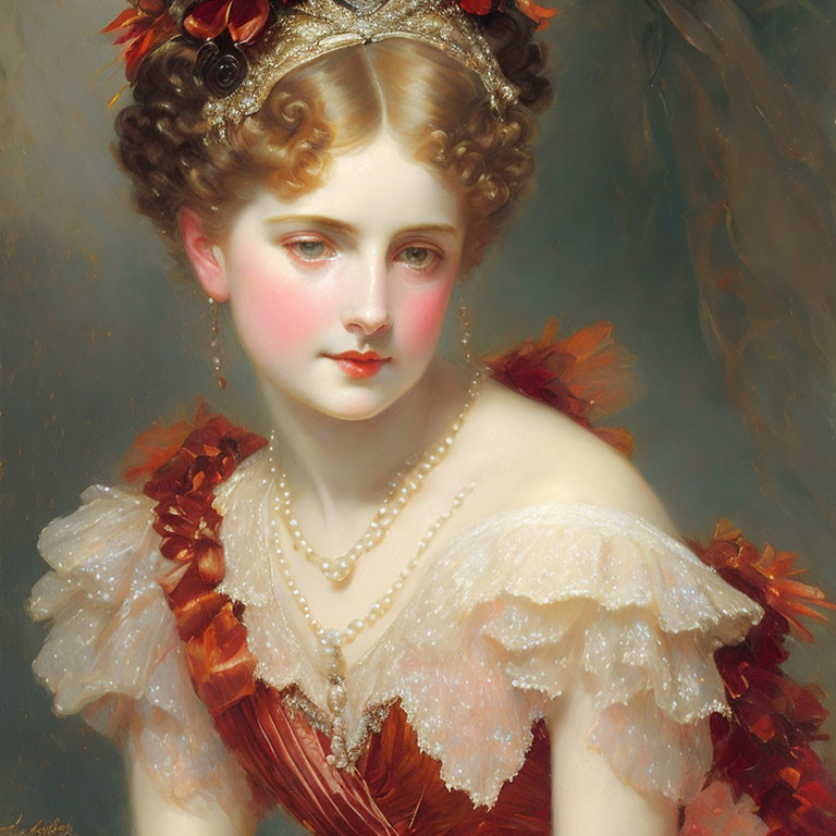 Victorian-era woman in white and rust dress with floral hairstyle