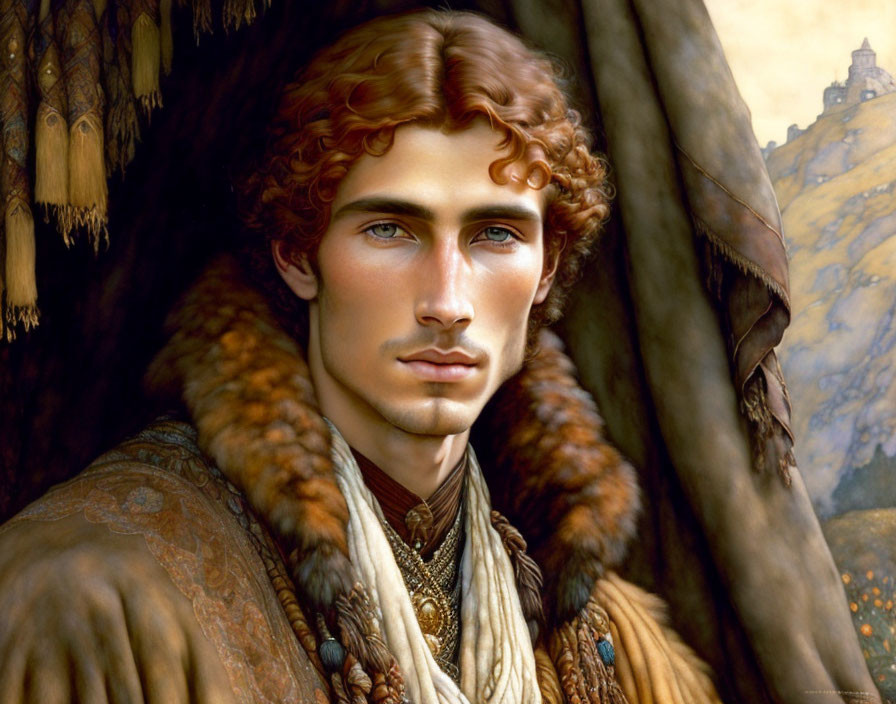 Young man with curly brown hair in medieval attire against castle backdrop