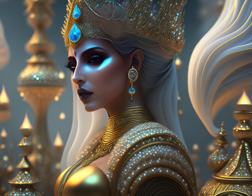 Illustrated queen in golden headdress and armor with mystical ambiance and ornate spires.