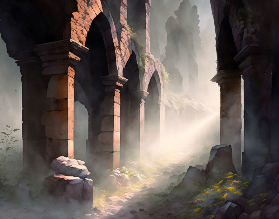 Mystical forest with ruined stone arches and sunlight filtering through foliage