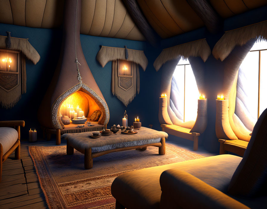 Viking-style interior with central hearth, fur decorations, wooden furniture, candle lighting, and traditional