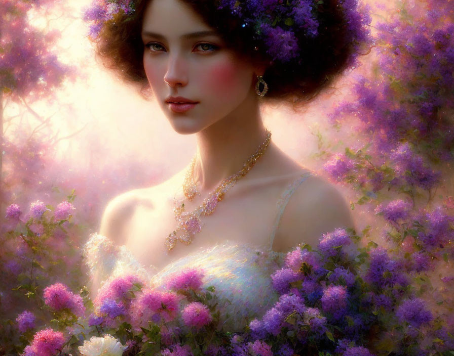 Portrait of a woman with striking features and soft purple flowers