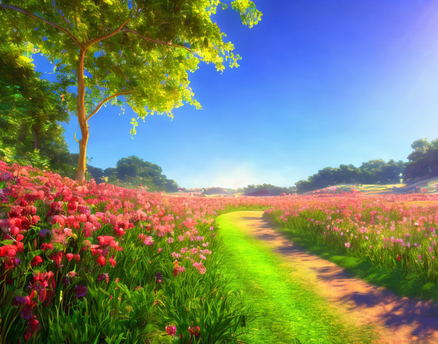 Scenic landscape with pink flowers, curving path, and lush trees