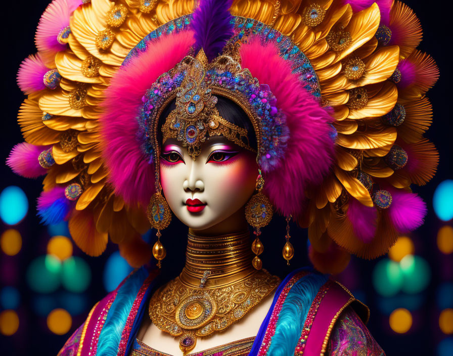 Colorful ornate female figure with elaborate headpiece and gold accents.