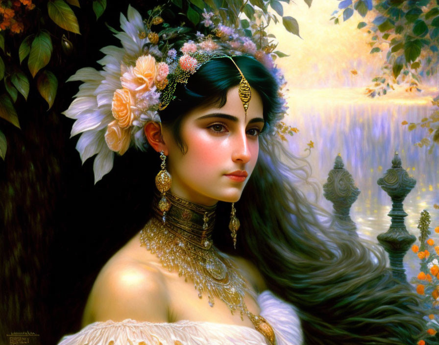 Portrait of Woman with Jewelry and Floral Hair Adornments in Serene Nature Setting