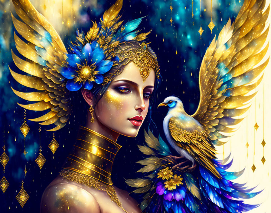 Golden-winged mythical figure adorned with jewelry among blue flowers and bird on starry night.