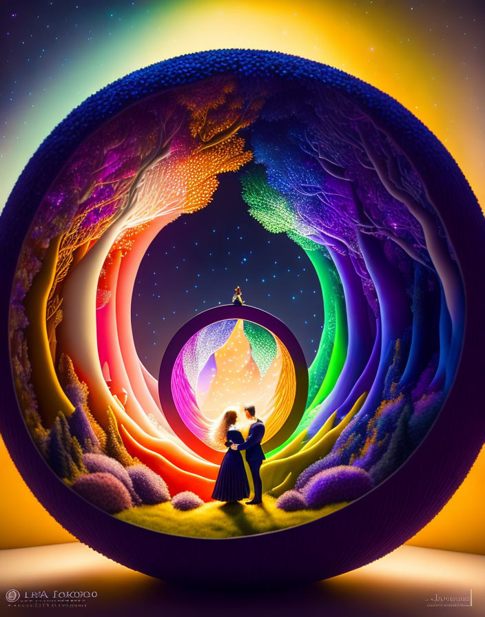 Couple embraces in vibrant rainbow landscape with starry sky and colorful trees