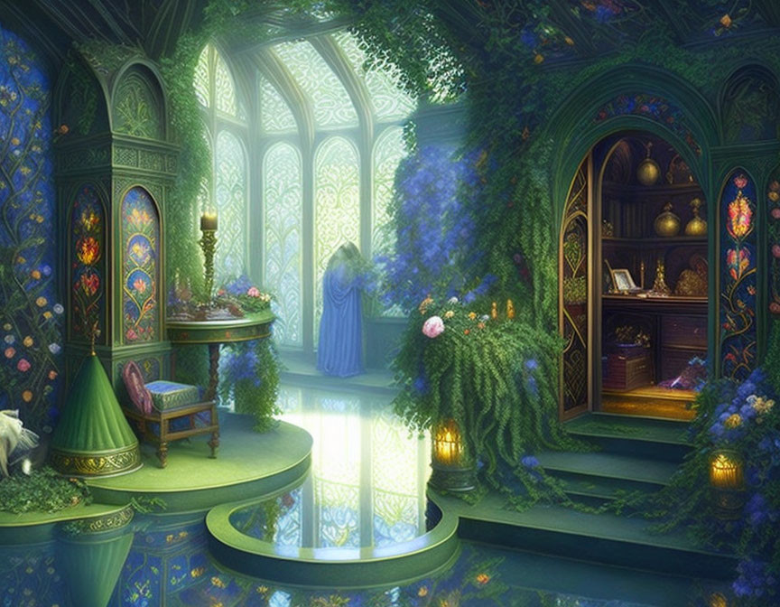 Indoor garden room with lush greenery, gothic windows, colorful flowers, mystical figure, and