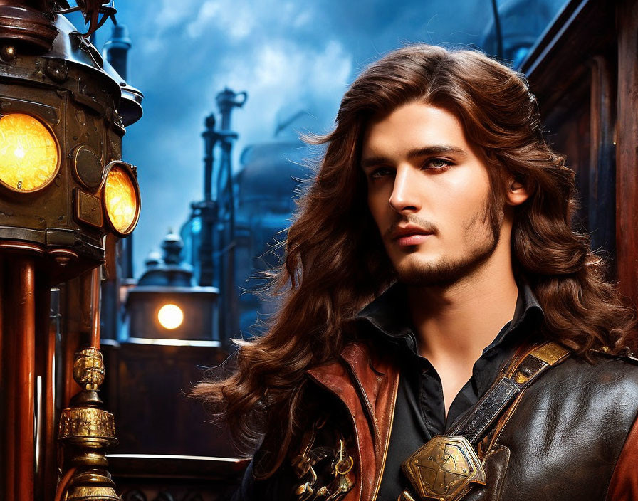 Man with long wavy hair in leather jacket near glowing lamppost with steam train.