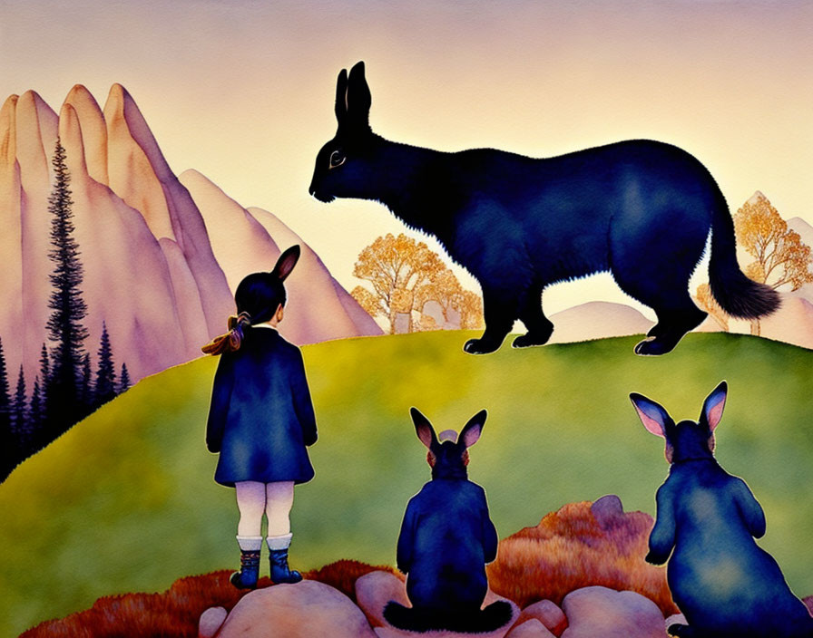 Whimsical watercolor illustration of human with rabbit-like features in dusk landscape