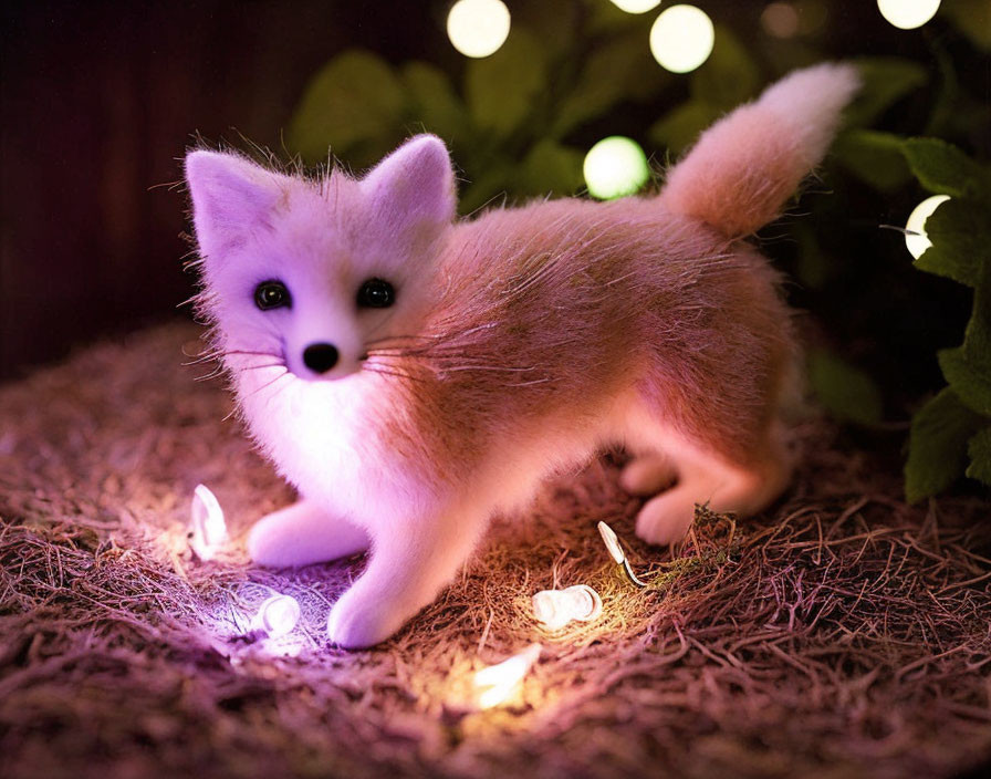 Fluffy Toy Fox Among Twinkling Lights on Dark Cozy Background