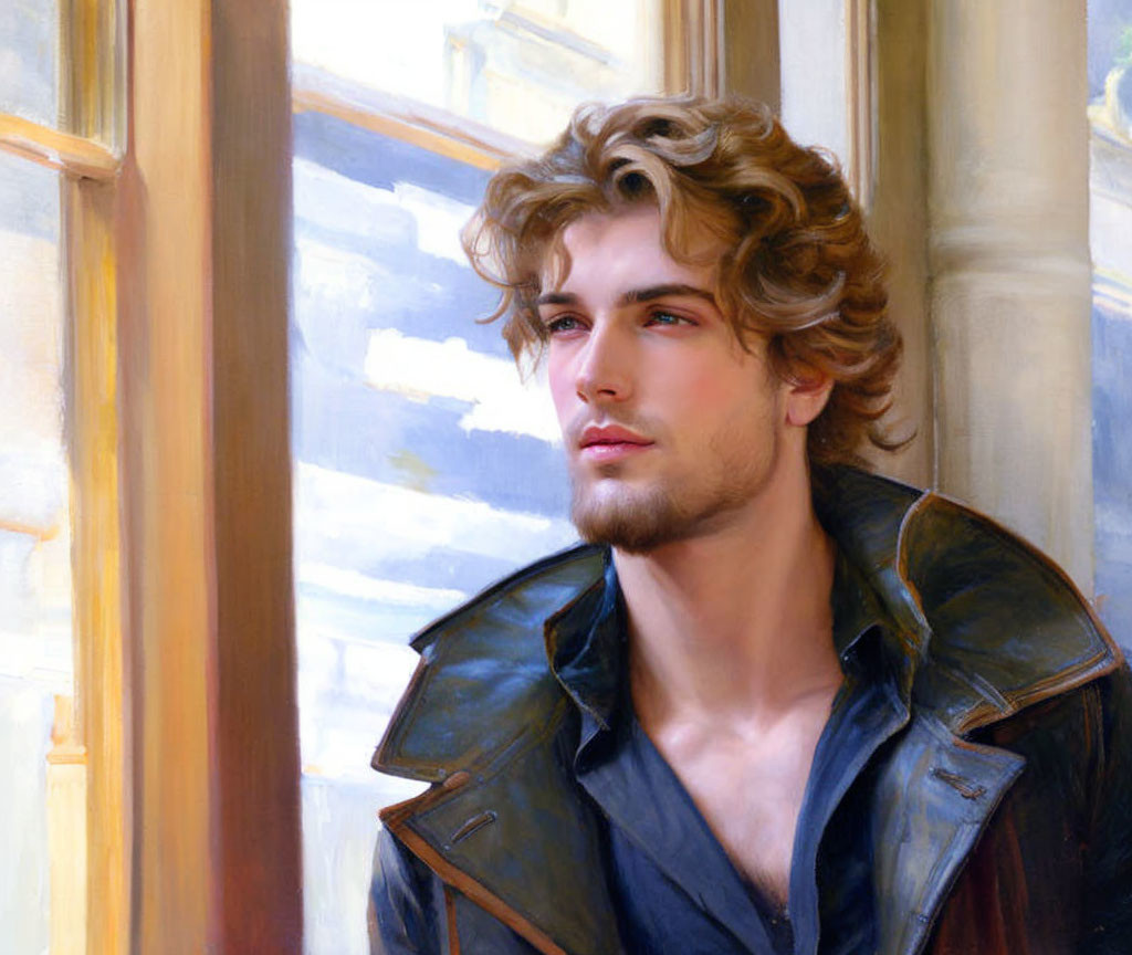 Portrait of young man with wavy hair in dark shirt and leather jacket under soft window light