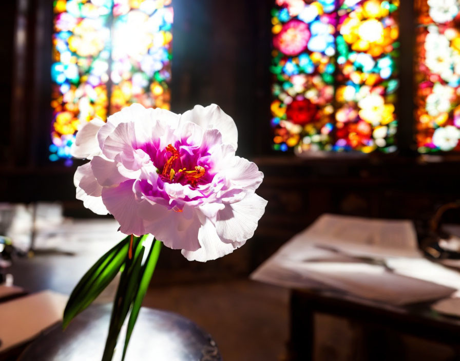 Vibrant pink and white peony against colorful stained glass backdrop