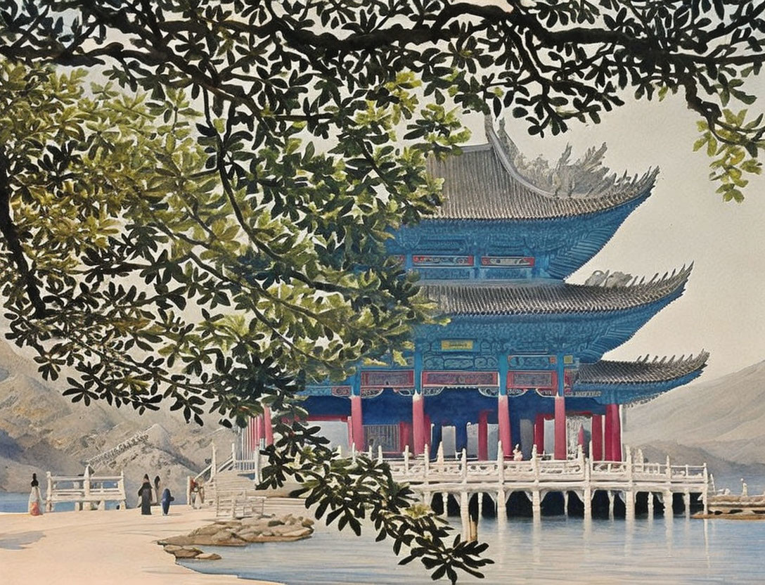 East Asian Pavilion by Lake with People and Overhanging Tree Branches