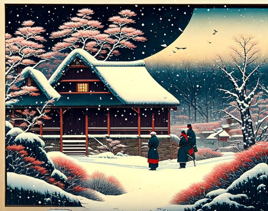 Traditional Japanese House in Snowy Landscape with Cherry Blossoms, Kimono-clad Figures, and Birds