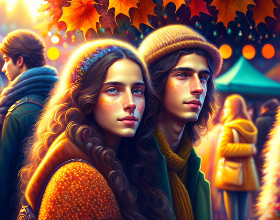 Young couple in autumn attire among fall foliage and people