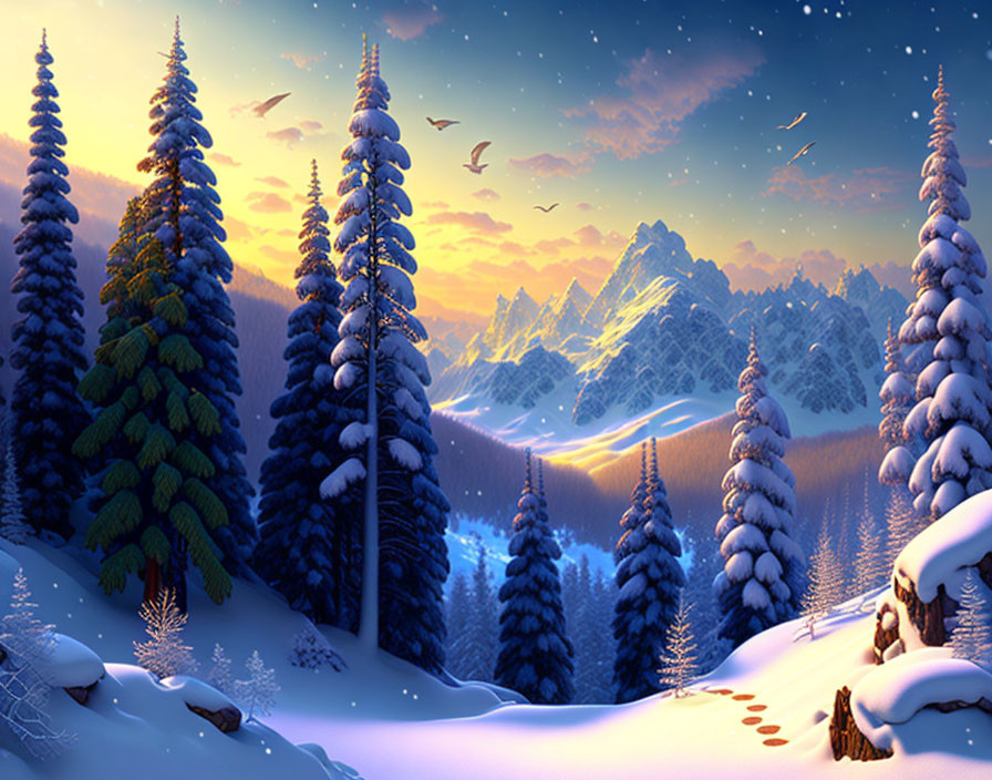 Snow-covered pine trees in vibrant sunset with animal tracks and flying birds