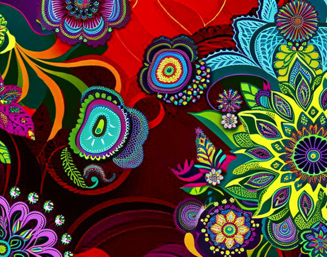 Vibrant abstract pattern with intricate mandalas in reds, greens, blues, and pur