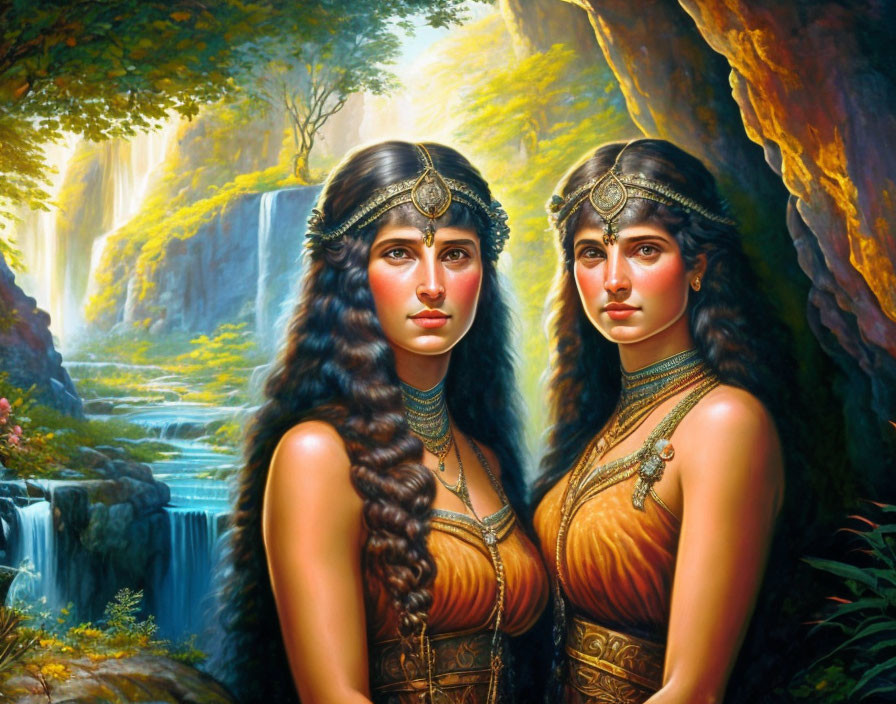 Two women with ornate headpieces in vibrant forest setting.