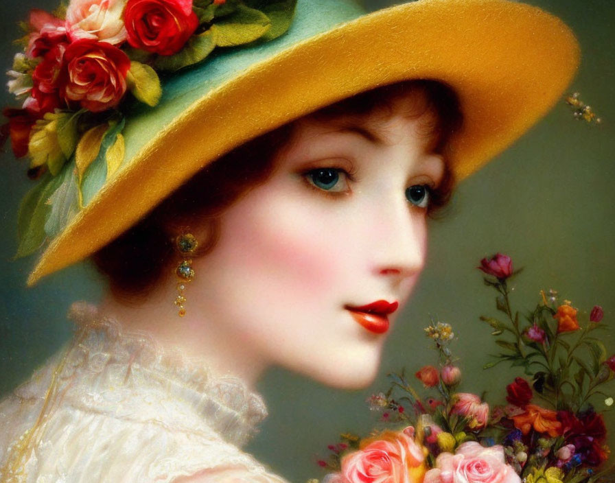 Vintage Portrait of Woman with Rosy Cheeks in Yellow Hat