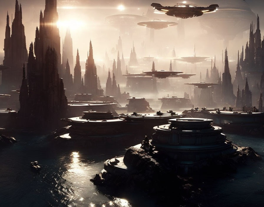 Futuristic cityscape with tall spires, flying vehicles, and waterways at sunrise or sunset