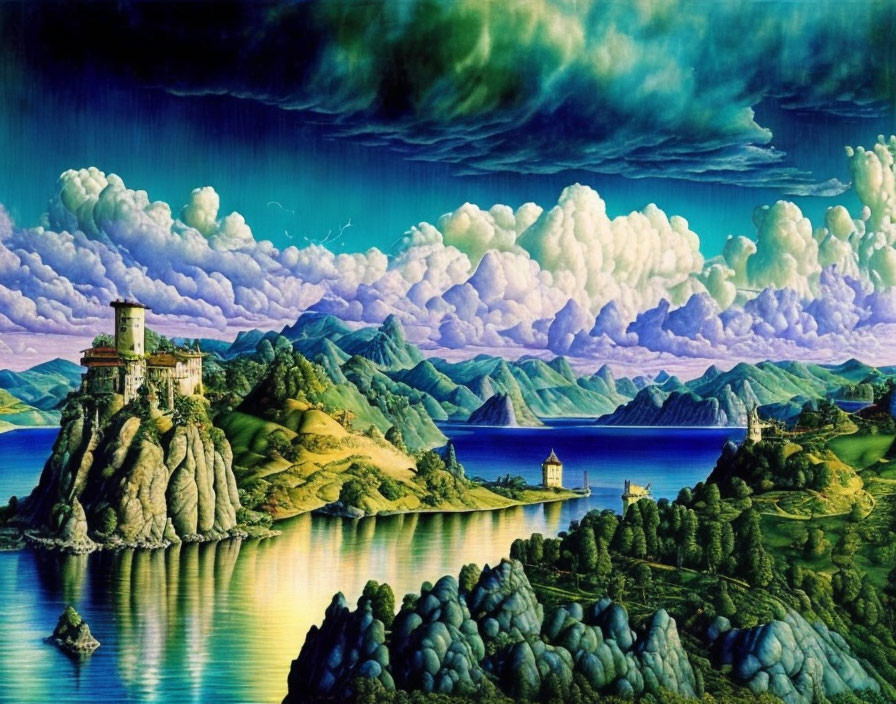 Surreal landscape with green hills, lake, clouds, and fantastical architecture