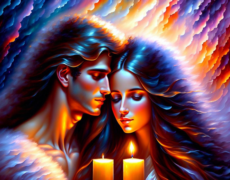 Colorful Digital Artwork: Romantic Couple with Flowing Hair, Abstract Clouds, and Lit C