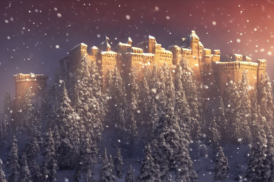 Snow-covered castle in starry twilight with falling snowflakes