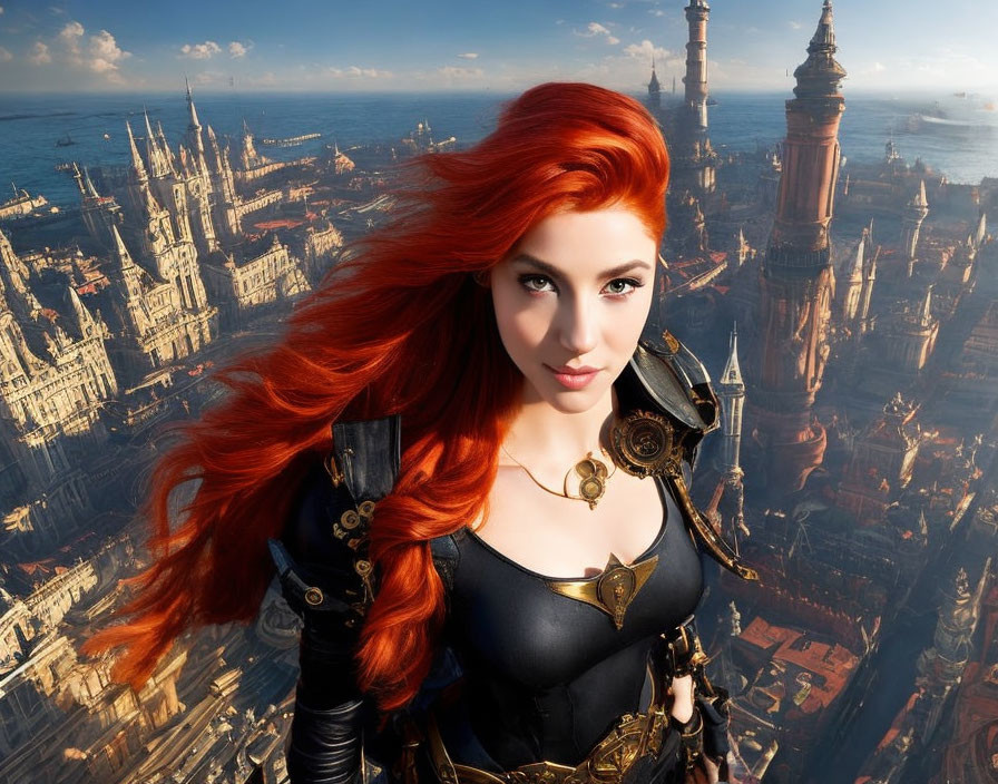 Red-haired woman in medieval armor gazes at fantastical cityscape