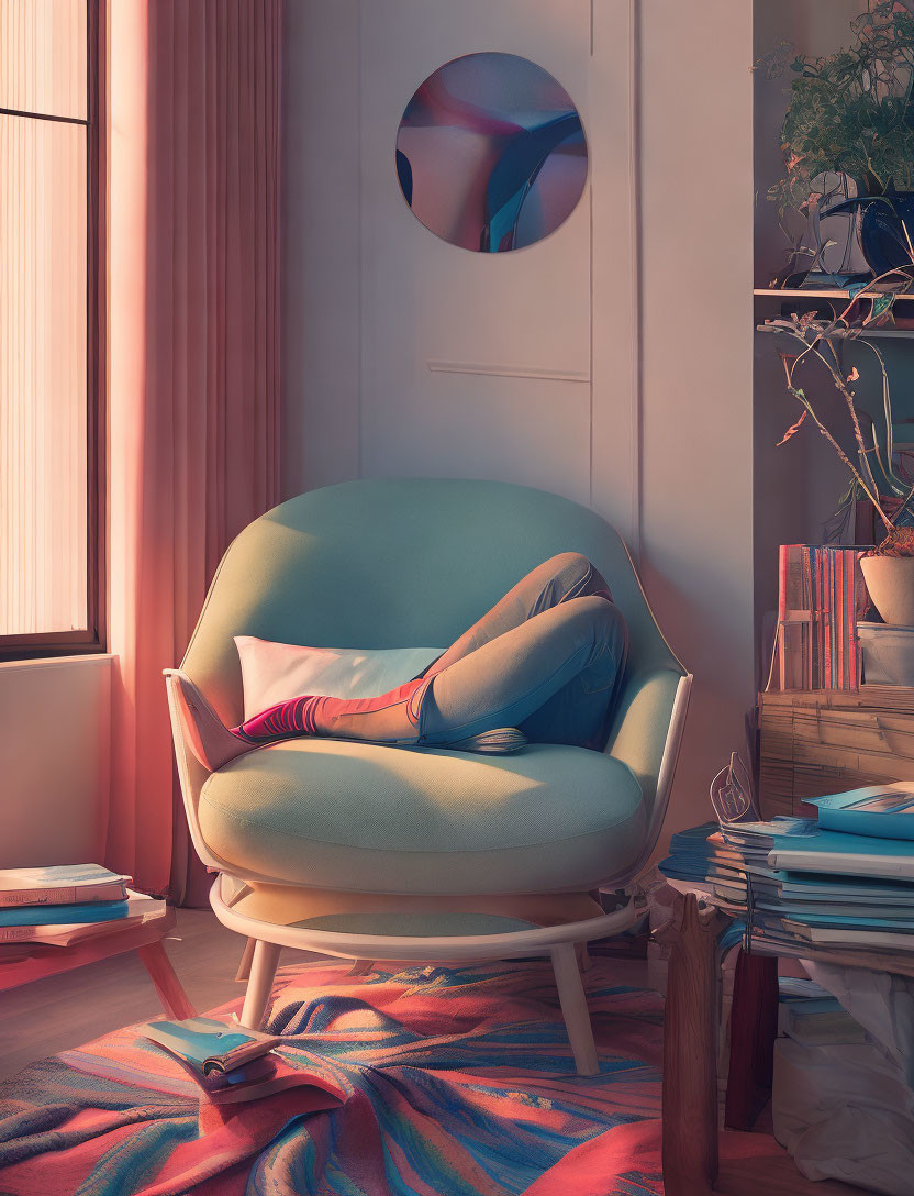 Pastel-colored modern armchair with pillows by window, books, rug, and wall art.