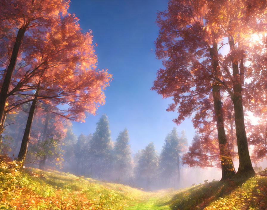 Scenic Autumn Landscape with Golden-Red Trees and Sunlit Path