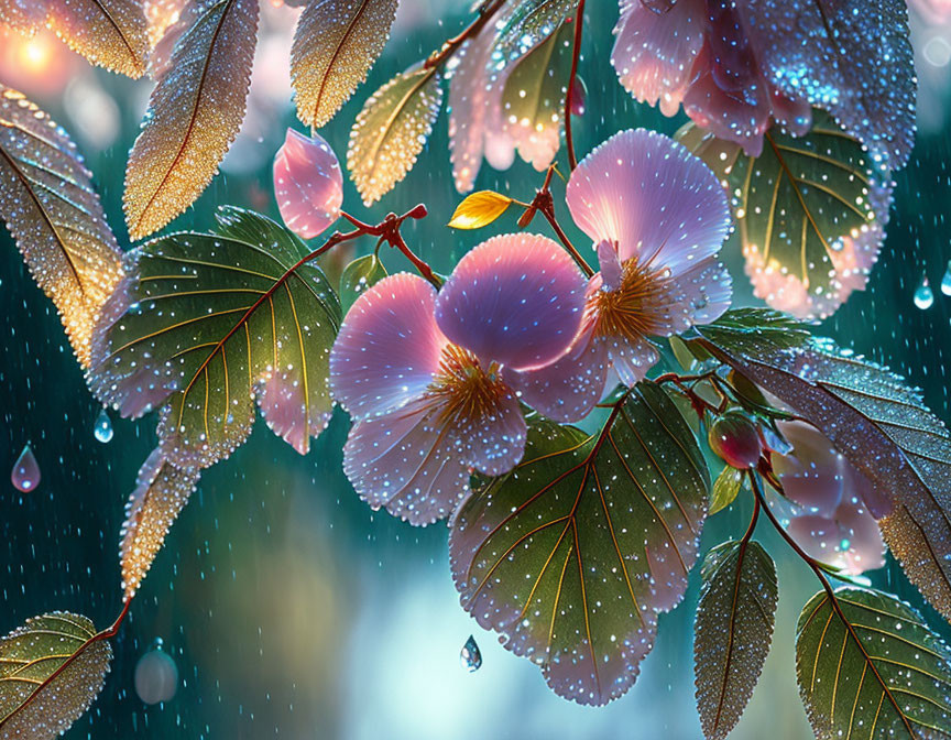 Pink Flowers and Dewdrops on Leaves with Bokeh Background