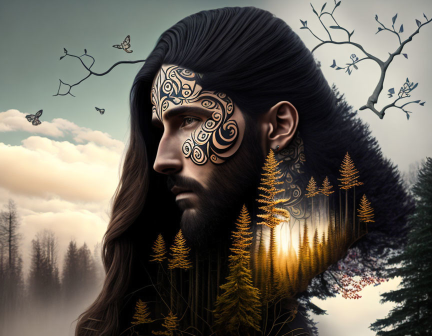 Surreal portrait featuring man with forest, golden ferns, facial tattoos, and butterflies