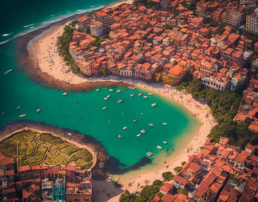 Coastal town with red-roofed buildings, beach, boats, and lush greenery