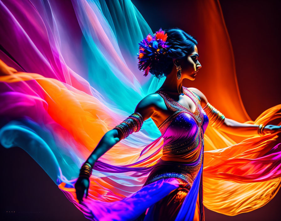 Colorful flowing dress dancer with vibrant light trails.