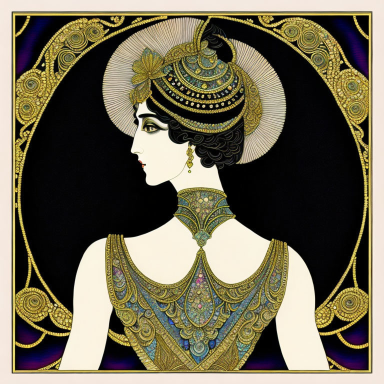 Profile of Woman in Ornate Gold Headdress - Art Deco Style