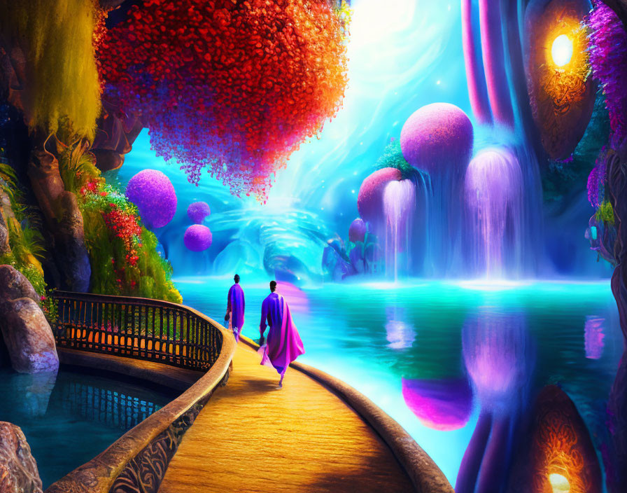 Colorful landscape with glowing river and figures walking on path