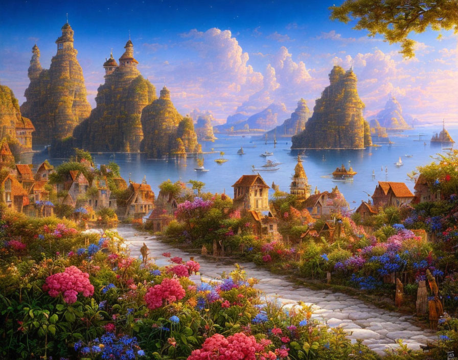 Colorful flowering gardens and castles by a calm bay in a vibrant landscape