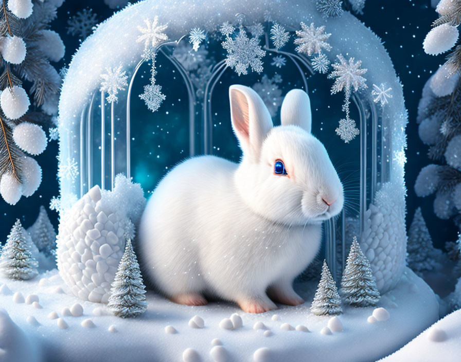 White Rabbit with Blue Eyes in Snowy Scene with Miniature Trees Under Glass Dome in Wintry Night