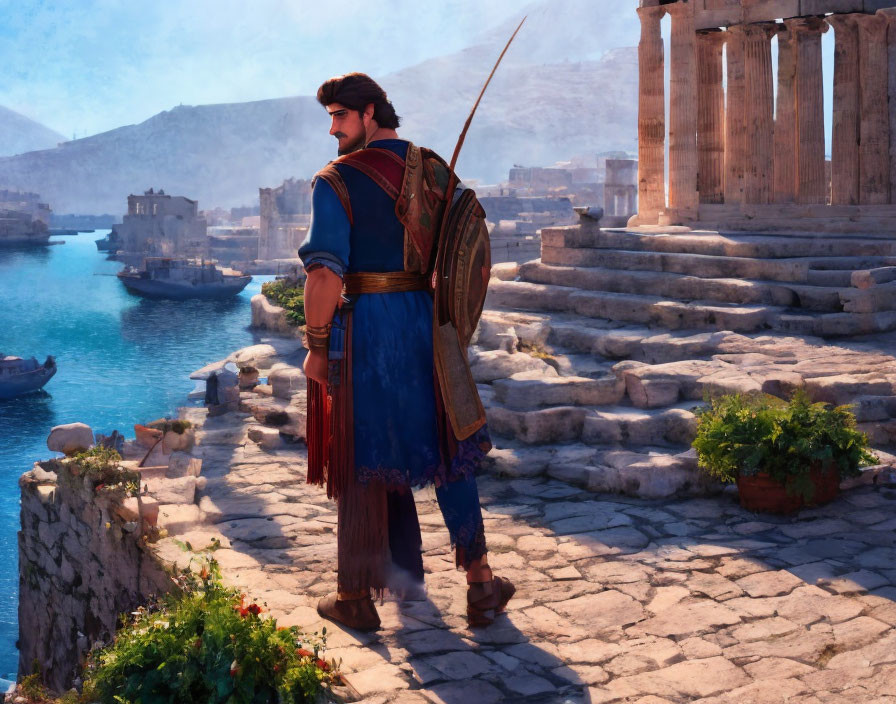 Ancient Greek character overlooking harbor with boats and classical architecture