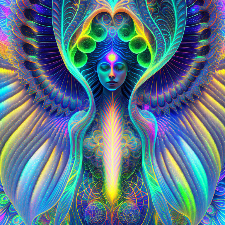 Colorful Psychedelic Artwork: Serene Blue-Faced Figure with Peacock Feather Designs