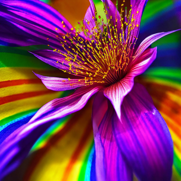 Colorful Purple Flower with Golden Stamens on Rainbow Background