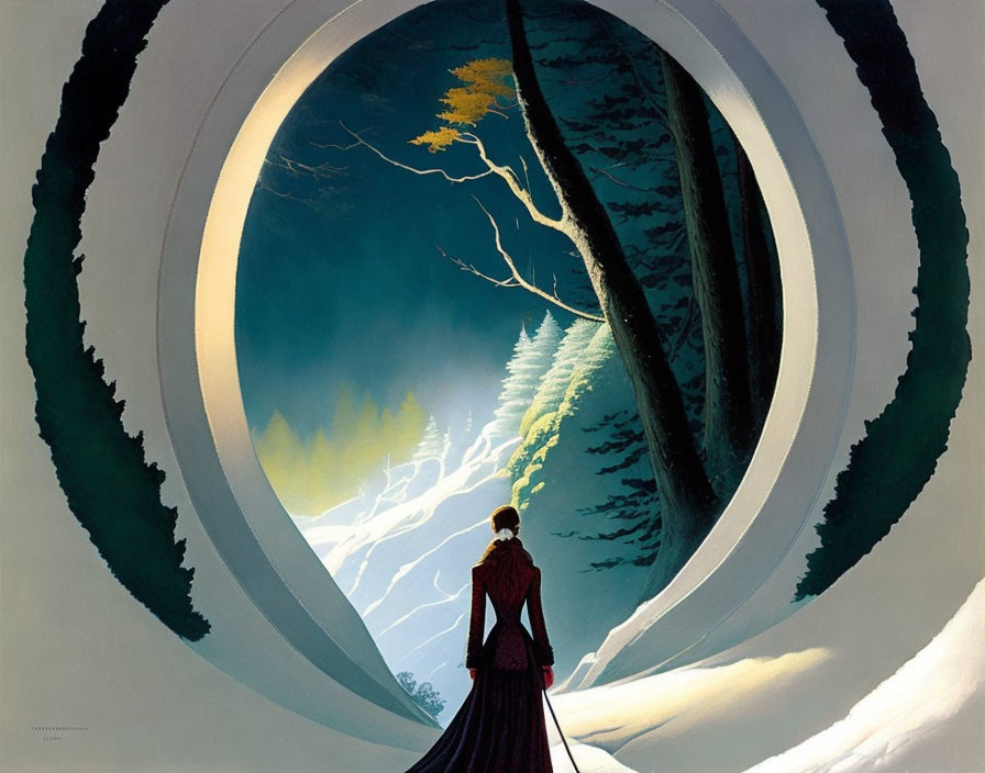 Woman in long dress in surreal landscape with circular frames, barren tree.